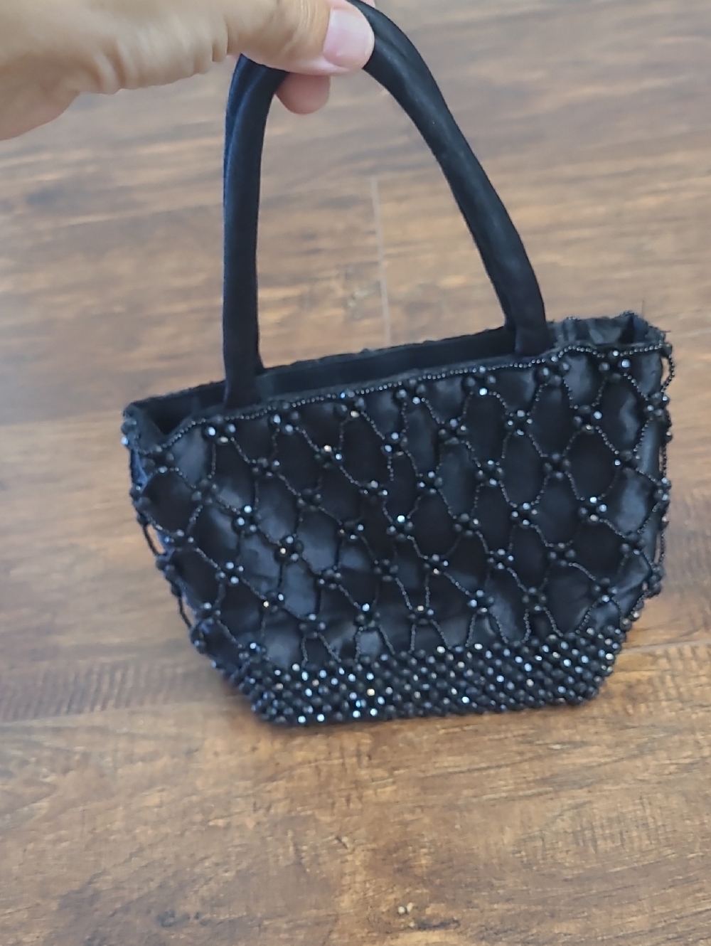 Lancome Bag Black Beaded Tassel Purse Lined Evening or Cosmetic Bag Small Phone